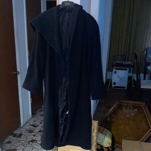 Black Long Coat 100% wool hooded heavy Vintage Sz 16 WOMENS